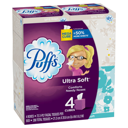 Ultra Soft Non-Lotion Facial Tissues, 4 Mega Cubes, 288 ct