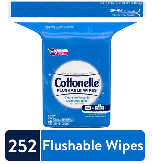 Flushable Wet Wipes, 1 Refill Pack, 252 Hypoallergenic Wipes, Alcohol-Free