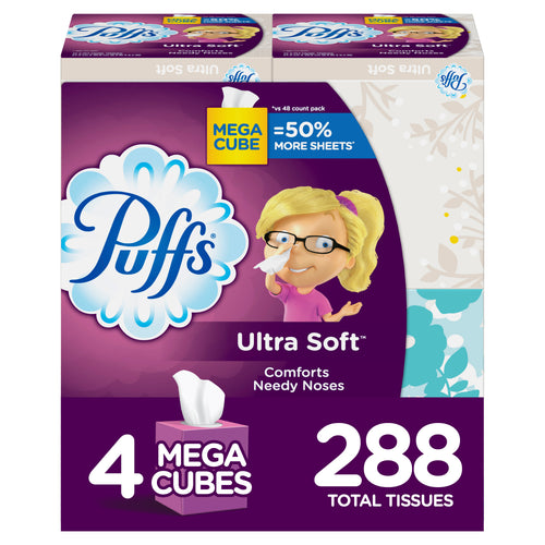 Ultra Soft Non-Lotion Facial Tissues, 4 Mega Cubes, 288 ct